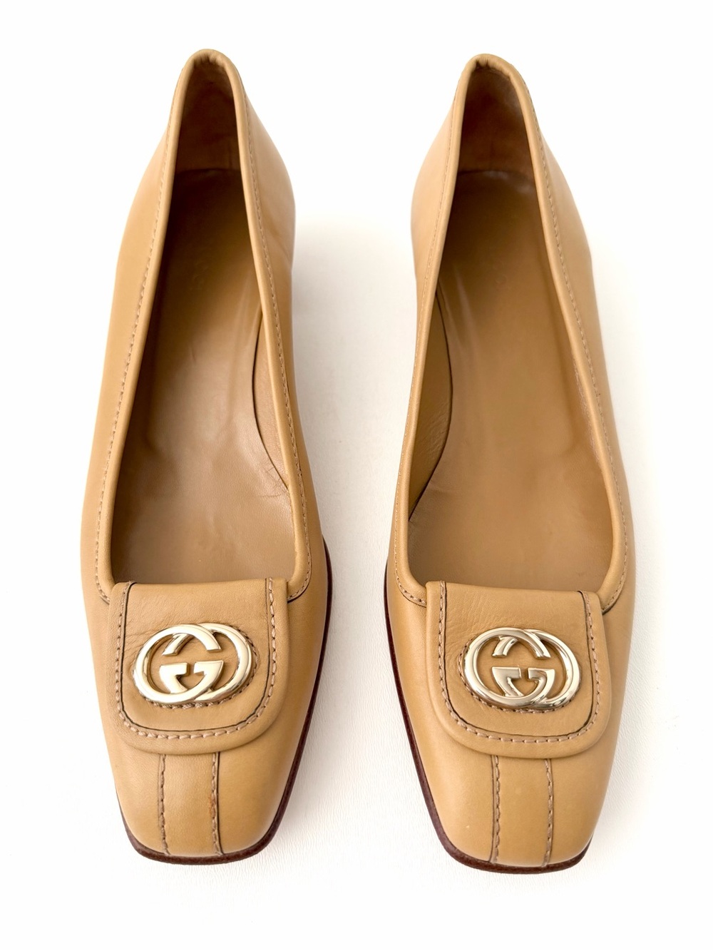 GUCCI | Tan Leather Interlocking GG Square Toe Block Heel Pumps EU 39C - Picture 2 of 12